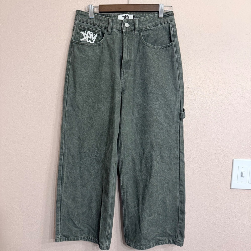 DEM Graffiti Logo Baggy Denim Jeans – Washed Charcoal /Gray-Olive Streetwear